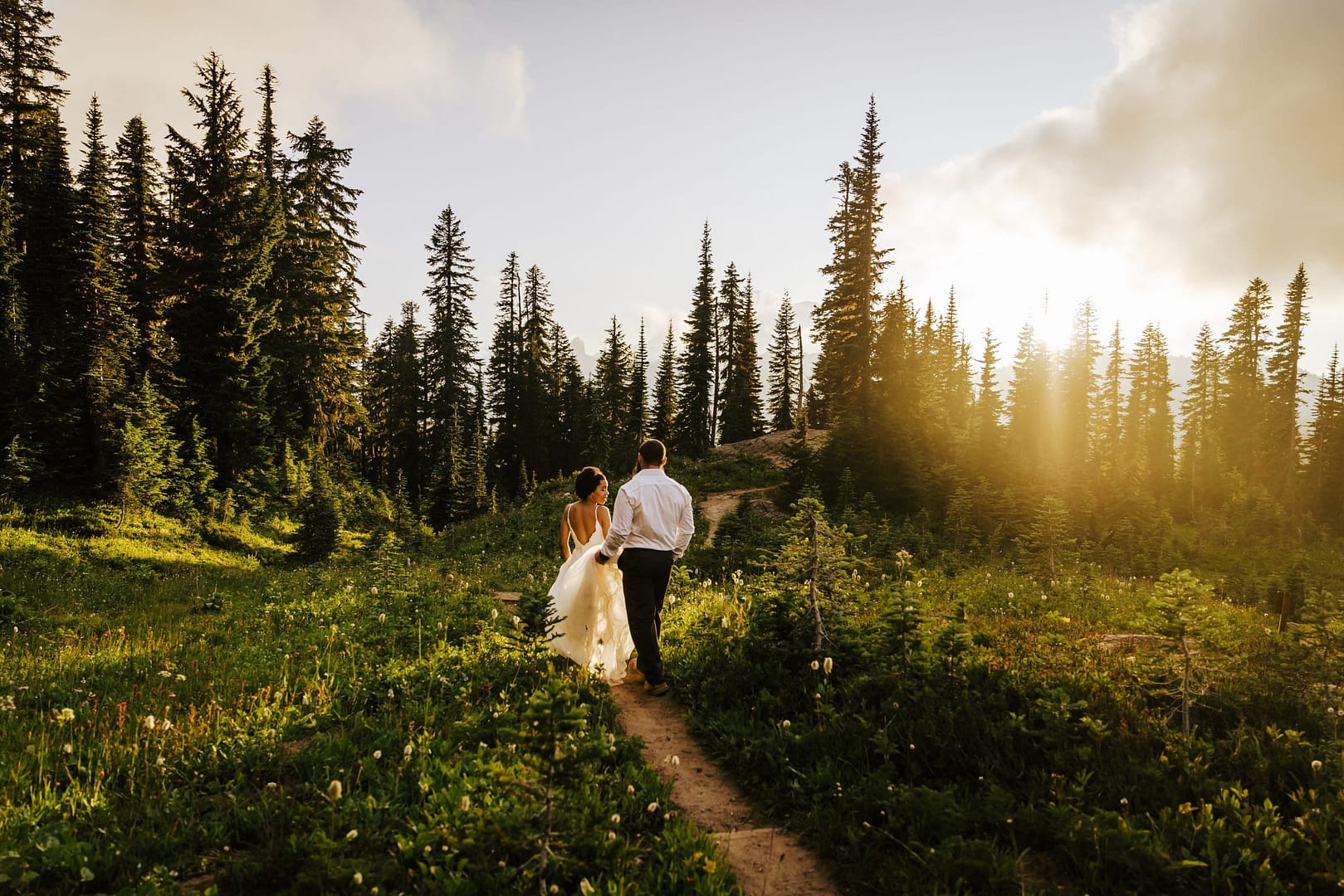 Meadow bride and groom sunlight through trees Myrtle Creative Co Pacific Northwest Weddings Bespoke Wedding Planning