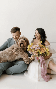 Wags & Garland - PNW Weddings - Pet Service - Oregon Washington - Brown Dog Yellow Flowers Grey Suit-min