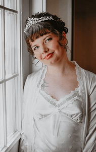 Fabulous You Makeup By Jessica - PNW Weddings - Wedding Makeup Artist - Oregon Washington - Crystal Crown Updo Orange Lipstick Blue Eyes Satin Dress-min