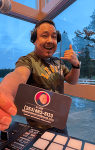 DJ Addy - PNW Weddings - Oregon Washington Idaho -Business Card Dancing Head Phone Turn Table Trees Glass Walls Dancefloor-min